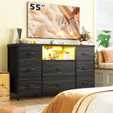 Black Dresser TV Stand for 55'' with LED Lights & Charging Station, Dresser for Bedroom with 8 Drawer, Chest of Drawers with Open Shelves, 6 Adjustable Feet, Hallway, Entryway, Closet EnHomee