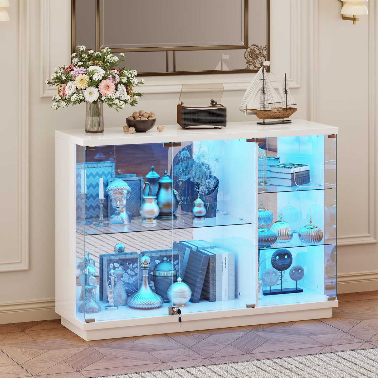 HNEBC Lockable Display Curio Cabinet with Glass Door,47.2" W Glass Display Cabinet with 3 Color Lights for Collectibles,5-Tier Lighted Display Case with Human Sensor,Living Room,White HNEBC