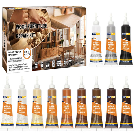 Wood Repair Kit, 12 Color Wood Fillers, Furniture Repair Kit, Repair Scratch, Cracks, Stains, Discoloration for Wood Furniture, Door, Cabinet, Floor, Table Surface Wood Touch up Filler Wood Paint Hupeyna