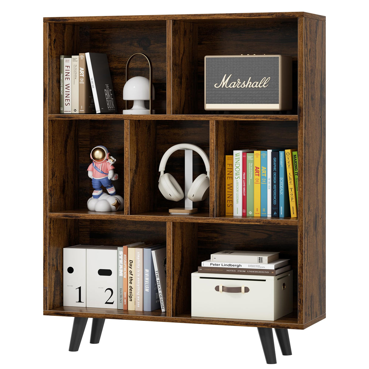 Vongrasig 7 Cube Bookshelf, 3 Tier Mid-Century Modern Bookcase with Legs, Wooden Bookshelf Storage Organizer Display Bookcase for Bedroom, Living Room, Office, Rustic Brown Vongrasig