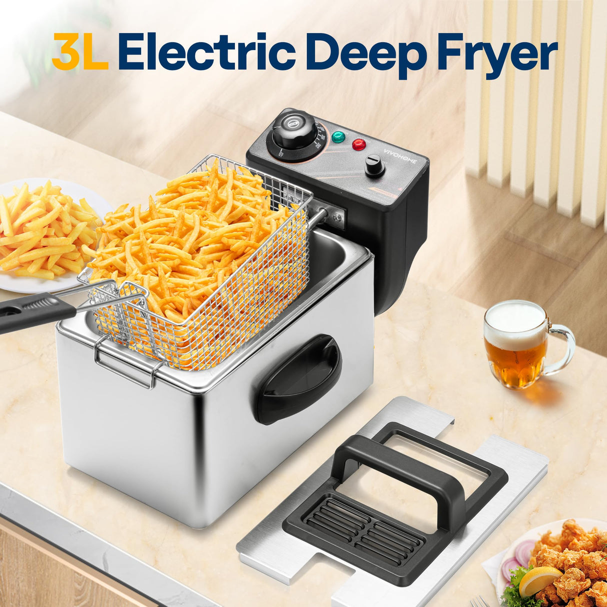 VIVOHOME Electric Deep Fryer with 3L / 13 Cup Oil Capacity, Stainless Steel Oil Fryer with Temperature Control and Lid VIVOHOME
