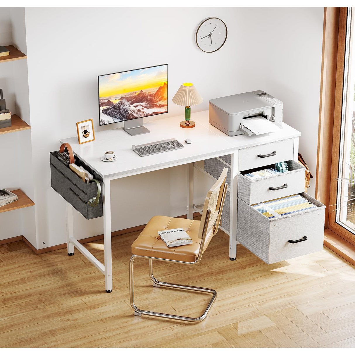 Casaottima 40-Inch Small Computer Desk with Fabric Drawers & File Cabinet, Home Office Desk with Cloth Storage Bag and Hook, Writing Study Work Table for Small Space, Vanity Desk for Bedroom, White Casaottima