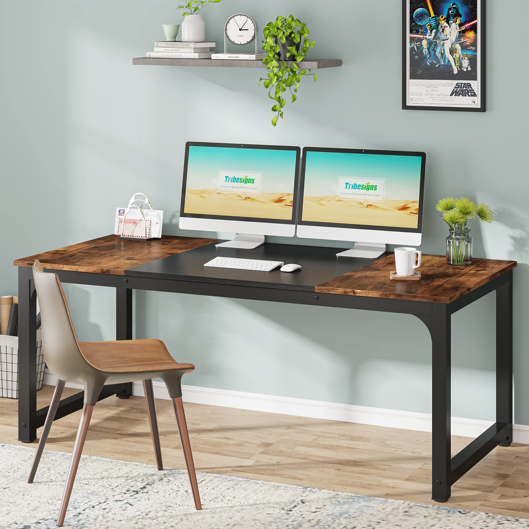 Tribesigns Modern Computer Desk, 63 x 31.5 inch Large Office Desk Computer Table Study Writing Desk Workstation for Home Office, Vintage Black Metal Frame - WoodArtSupply