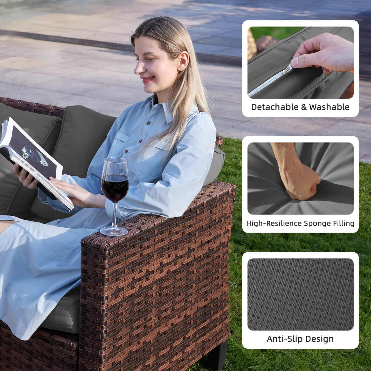 UDPATIO 5 Pieces Patio Furniture Set with Fire Pit Table, Outdoor Furniture Set with Rocking Swivel Chairs, Wicker Patio Set with Waterproof Cover, 4'' Thickened Cushion, Grey UDPATIO