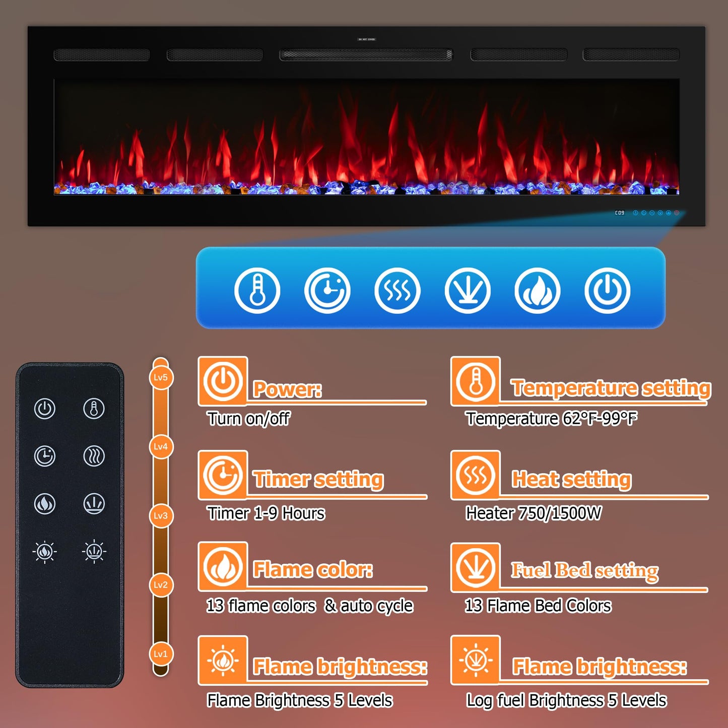 Velaychimney 60" Smart WiFi Electric Fireplace Insert, 13 Flame & Fuel Bed with Automatic Cycle, Fireplace Heater with APP Control & Thermostat, Timer, Recessed and Wall Mounted