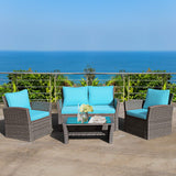 Tangkula 4 Pieces Patio Furniture Set, All Weather Outdoor Sectional Rattan Sofa Set with Cushions & Tempered Glass Table, Wicker Conversation Couch Set for Backyard Garden Poolside (Turquoise) Tangkula