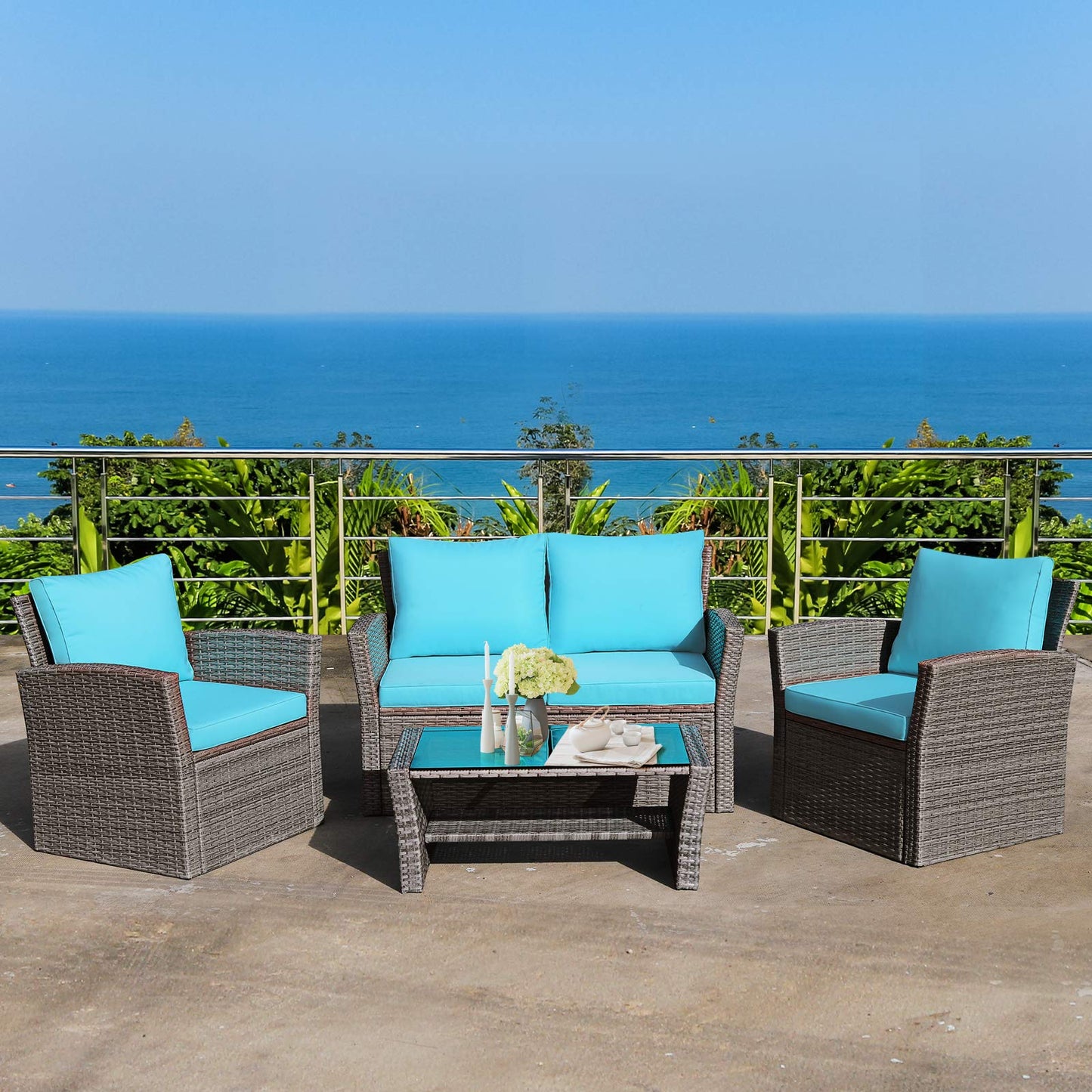 COSTWAY 4 Pieces Patio Rattan Furniture Set, Outdoor Wicker Sofa Set with Tempered Glass Coffee Table, Cushions, All Weather Rattan Conversation Set for Yard Balcony Backyard Pool, Turquoise