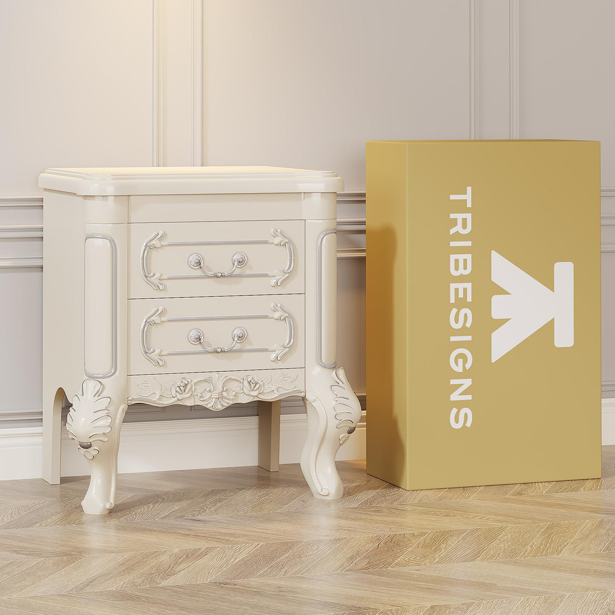 Tribesigns White Nightstand, End Table with 2 Drawers, Carved Bedside Tables, Side Table for Bedroom, Living Room, Classic Bedroom Furniture, Night Stand（1PC Tribesigns