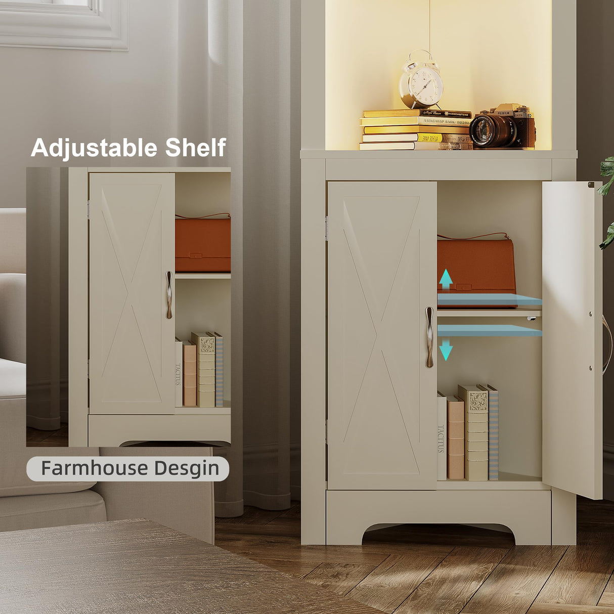 ChooChoo Farmhouse Corner Storage Cabinet with LED Lights, 5-Tier Corner Bookshelf Stand with Barn Doors, 66.9" Gothic Corner Display Cabinet with Adjustable Shelf for Living Room, Farmhouse White ChooChoo