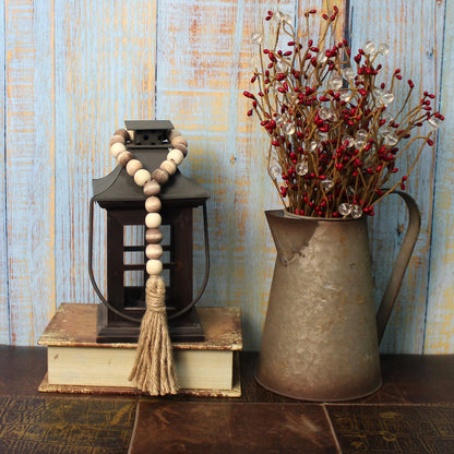 CVHOMEDECO. Wood Bead Garland with Tassels 3 PCS Farmhouse Rustic Wooden Prayer Beads String Wall Hanging Accent for Home Festival Decoration. Mix Distressed