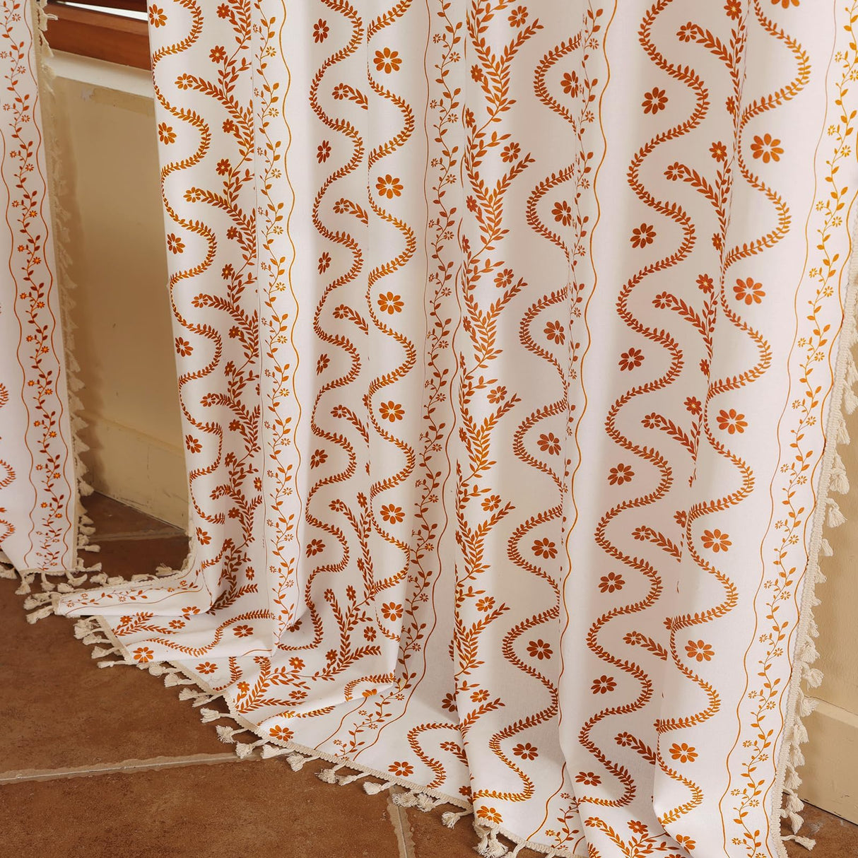 TIVNICO Boho Farmhouse Curtains for Living Room 2 Panels,Linen Floral Fall Curtains 84 Inches Long,Privacy Country Vine Pattern Bedroom Curtain,Let Light in Window Drapes Beige Color TIVNICO