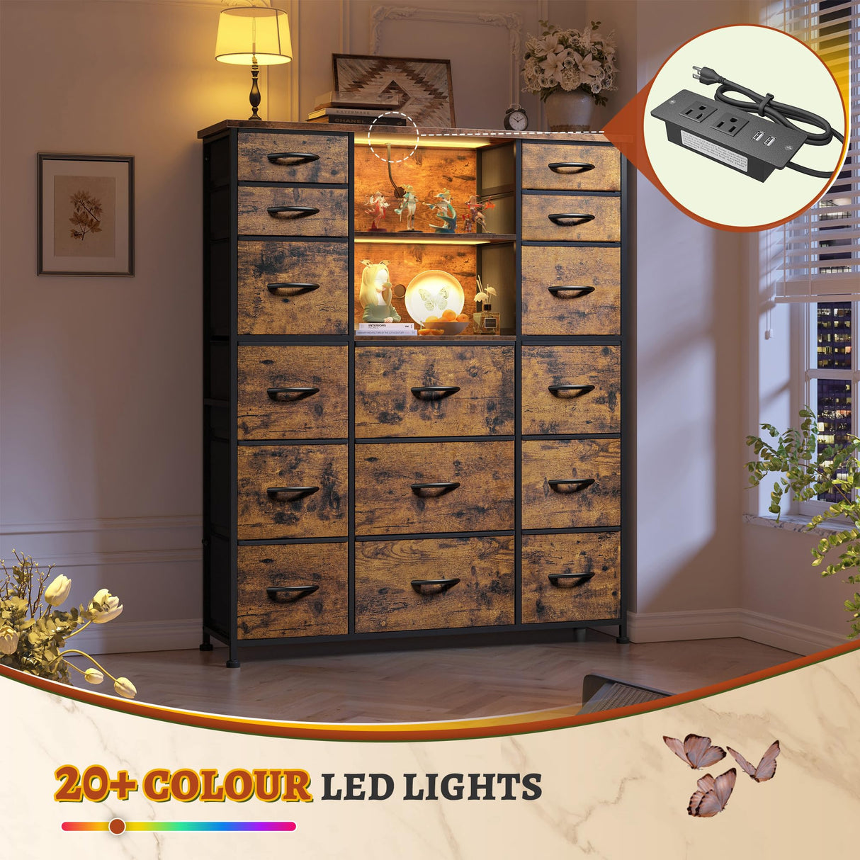 EnHomee 15 Drawer Dresser for Bedroom with Hutch 51" H Tall Dressers with Charging Station & LED Lights Sturdy Fabric Bedroom Dresser,Steel Frame, Wood Top, Rustic Brown, 51.2" H x 39.3" W x 11.8" D EnHomee