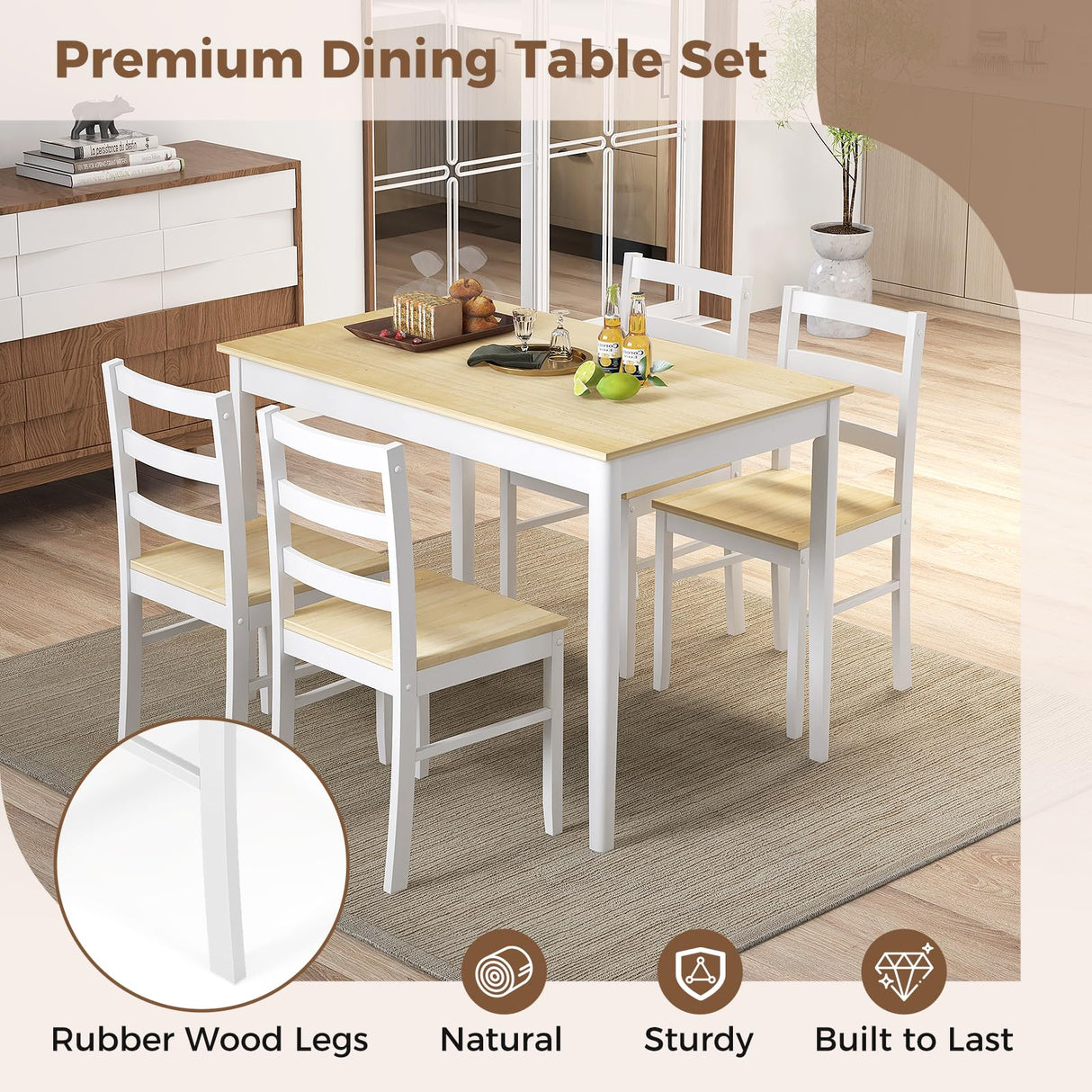 COSTWAY Dining Table Set for 4, Wood Kitchen Table Chairs Set with Rubber Wood Legs, Space-Saving Design, Modern 5-Piece Dinette Set for Small Place, Kitchen, Dining Room, Restaurant (Natural) COSTWAY