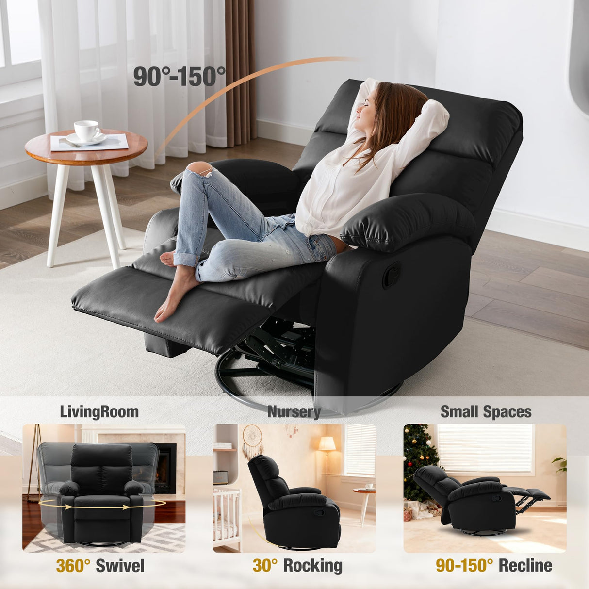 GNMLP2020 Rocking Recliner, 360° Swivel Recliner Chairs for Adults, Small Rocker Recliners for Small Spaces, Living Room, Bedroom, Nursery, RV, Black GNMLP2020
