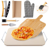 Zonzest Pizza Stone Set 8PCS – Professional 15" Large Pizza Stone for Oven and Grill With Pizza kit, Pizza Cutter, Server, Pizza Peel, Gloves, Baking Paper Baking Stone for Grill -Pizza Peel Set ZONZEST