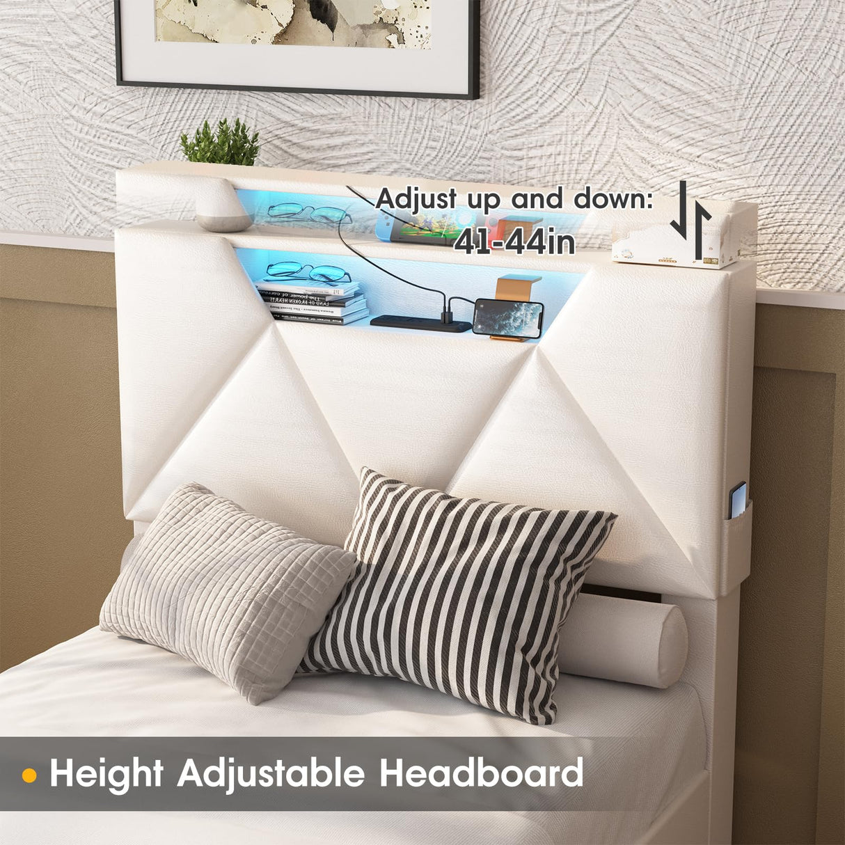 Vabches Twin Bed Frame with Storage Headboard and 4 Drawers,Upholstered Platform with Charging Station and Led Lights,Adjustable Headboard,No Box Spring Needed,Beige Vabches