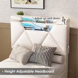 Vabches Twin Bed Frame with Storage Headboard and 4 Drawers,Upholstered Platform with Charging Station and Led Lights,Adjustable Headboard,No Box Spring Needed,Beige Vabches