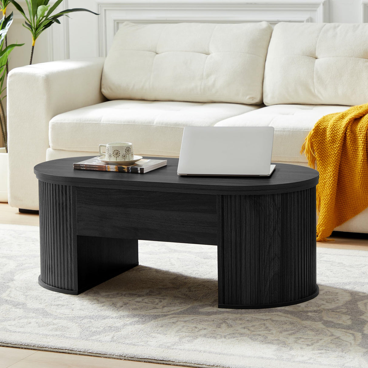 QHITTY Fluted Coffee Table with Lifting Top, Oval Wood Lift Top Coffee Table with Hidden Compartment, Mid Century Pull up Center Tables for Living Room, Office - Black QHITTY