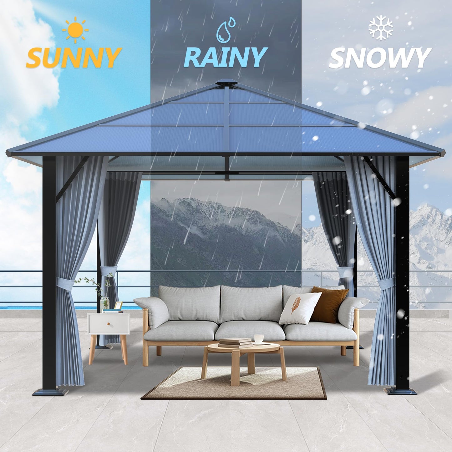 GARTOO 10'x10' Hardtop Gazebo, Outdoor Gazebo with Translucent Roof, Polycarbonate Top Metal Frame Garden Tent with Breathable Mesh and Privacy Curtains for Patio Lawn Garden Backyard, Gray