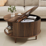 Onogefel Round Coffee Table with Storage, Mid Century Modern Coffee Table, Fluted Dining Table with Sliding Door, Circle Coffee Table for Living Room Home Office, 31.5", Walnut Onogefel