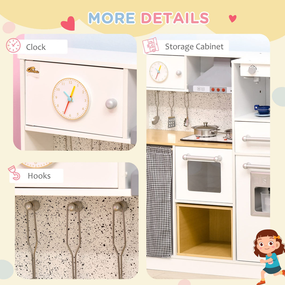 Qaba Kids Wooden Kitchen Playset with Sound Effects and Tons of Countertop Space, Wooden Corner Play Kitchen Set with Washing Machine, Imaginative Toy Pretend Restaurant, Ages 3-6, White Qaba