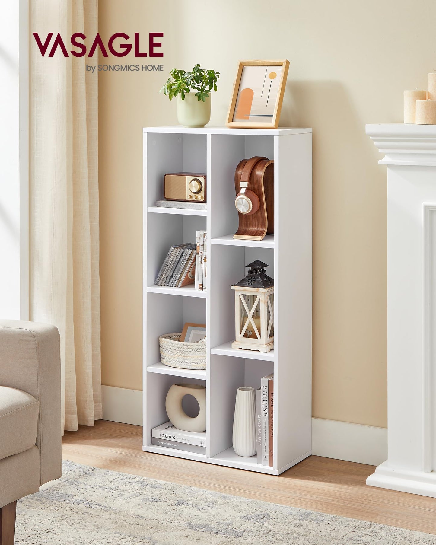 VASAGLE 7-Compartment Freestanding Bookcase - Space-Saving White Bookshelf for Living Room, Bedroom, and Home Office - WoodArtSupply