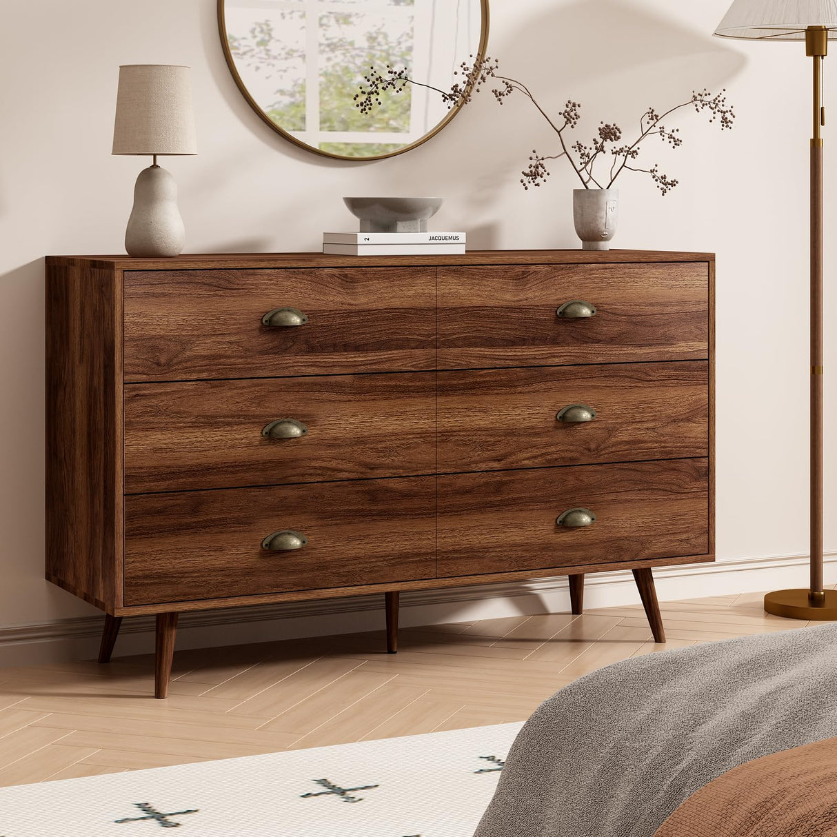CARPETNAL Walnut Brown Dresser for Bedroom, 6 Drawer Dresser with Wide Drawers and Metal Knob, Wood Dressers & Chest of Hallway, Entryway. CARPETNAL