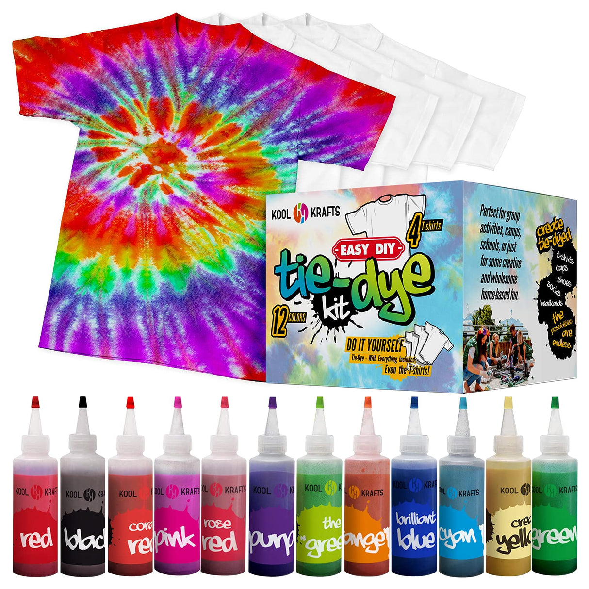 KOOL KRAFTS Tie Dye Kit, All-Inclusive with 12 Vibrant Colors, + 4 White T-Shirts - Perfect for Kids & Adults - Fun Tie Dye Party Supplies, Tie Dye Kits for Children Age 8-12, Tie Dye Kit. KOOL KRAFTS