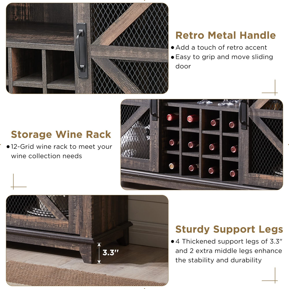 OKD Farmhouse Coffee Bar Cabinet with LED Lights, 55" Sideboard Buffet Table w/Sliding Barn Door & Wine and Glass Rack, Home Liquor Bar w/Storage Shelves for Dining Room,Dark Rustic Oak OKD