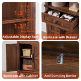 Joaxswe 72in Tall Bookshelf 7 Tier Bookcase with Drawer and Barn Doors and Adjustable Shelves, Brown Farmhouse Book Shelf with Storage Cabinet, Wood Freestanding Display Bookshelves for Kitchen Joaxswe