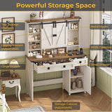 Farmhouse Vanity Desk with Mirror and Lights, 41" Sliding Door Makeup Vanity with Charging Station, Large Vanity Table with Drawers/Shelves/Cabinet Storage, Antique White MSmask