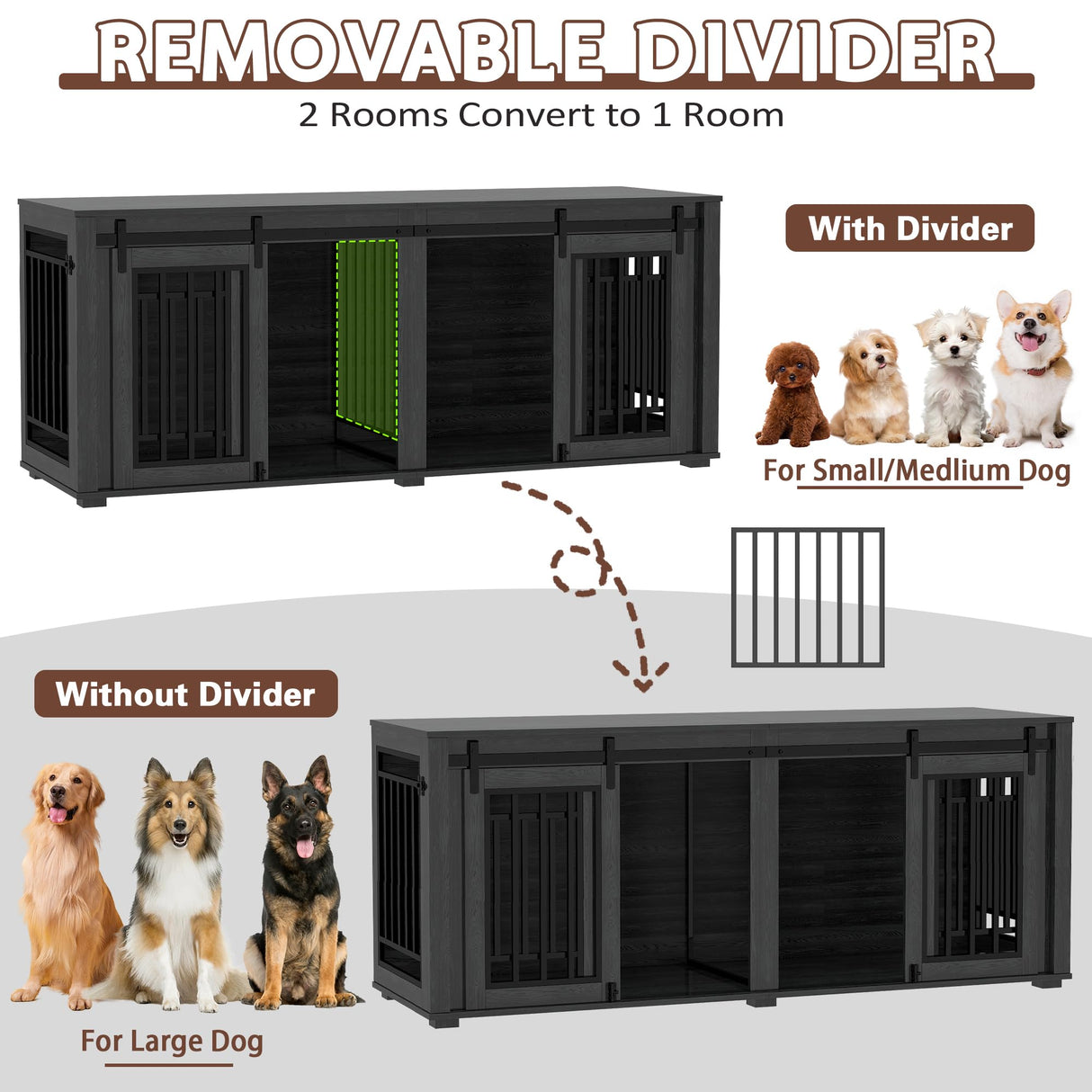 DEYGIA Large Dog Crate Furniture for 2 Dogs, Upgrade 71" Pro XXL Sliding Door Heavy Duty Dog Kennel Furniture with Divider, Steel Frame Indoor Double Dog Crate for Large Medium Small Dogs, Dark Black DEYGIA