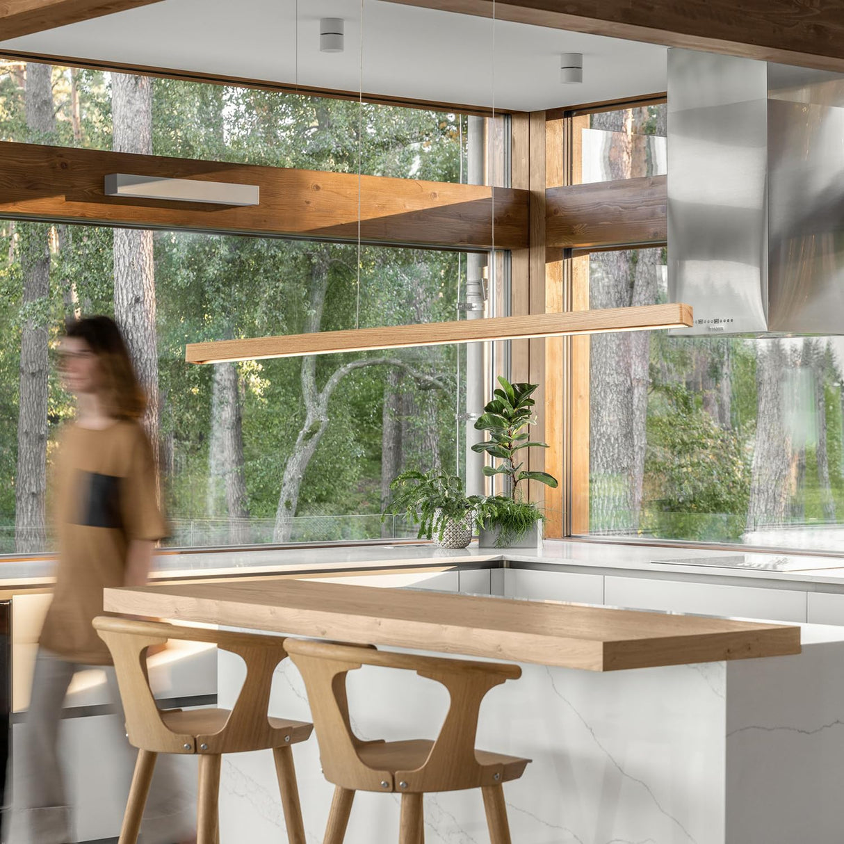 YISDESIGN 59" Natural Wood LED Linear Pendant Light Fixture 40W Led Dining Room Light Dimmable Hanging Light Fixture for Dining Room Kitchen Island Pool Table Lights Natural Wood Color YISDESIGN