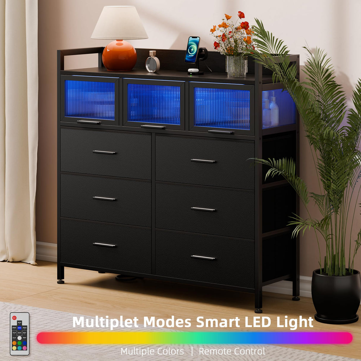 Lulive 9-Drawer Dresser & Chest of Drawers with LED Lights, Power Outlets & Acrylic Window - Modern Storage Organizer for Bedroom, Living Room, Closet (Black) Lulive