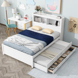 Harper & Bright Designs Full Size Platform Bed with Trundle, Drawers and Bookcase Headboard with USB Plugs, Hardwood Full Size Bed Frame, No Box Spring Needed - White Harper & Bright Designs