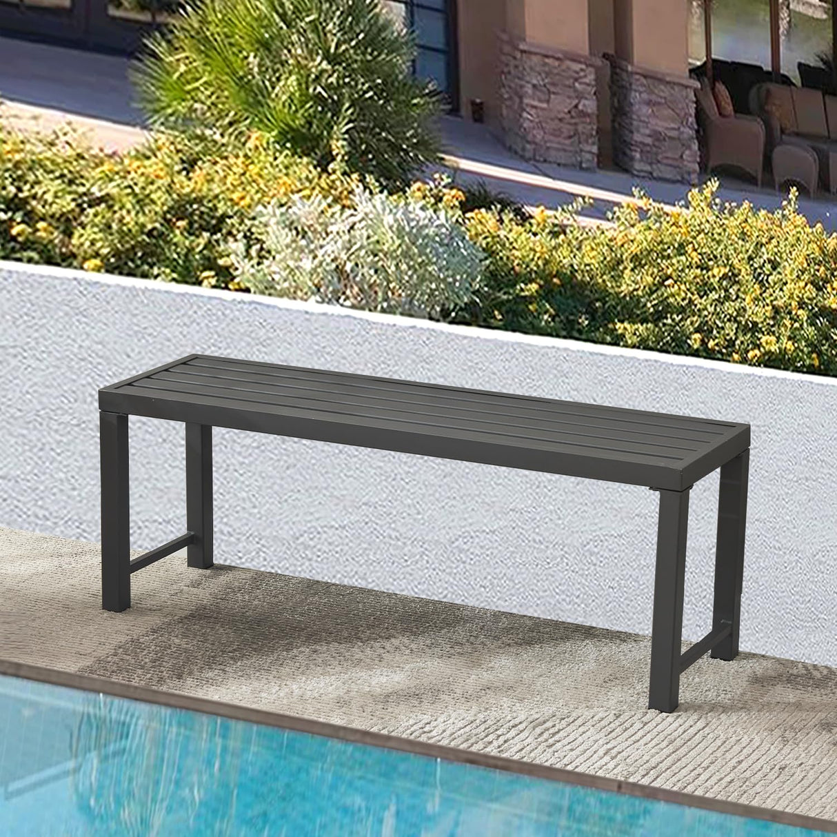 Black Outdoor Bench, Outdoor Metal Backless Bench, 46" Patio Garden Bench for Outdoor, All Weather Outdoor Bench for Garden, Backyard, Porch, Black Puntogen