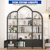 Nosepen Triple Wide 5 Tier Tall Arched Bookshelf and Bookcase with 3 Cabinets, Industrial Metal Etagere Open Bookshelf, Wood Standing Book Shelf with Black Metal Frame for Bedroom Living Room Nosepen