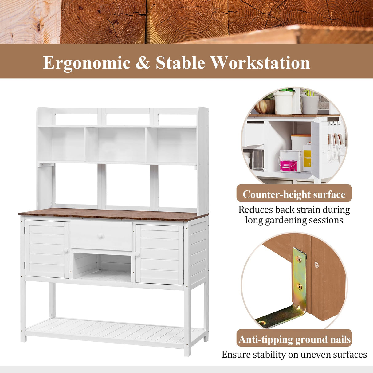 ENICFENA Outdoor Potting Bench, 100% Fir Wood Garden Work Table with Hutch, Drawer & Adjustable Shelves, Rustic Planting Station for Backyard, 50.2"x19.7"x66.1" (White, 66.1''H) ENICFENA