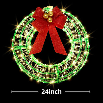 16 Inches Christmas Acrylic Wreath with Twinkle Lights, 320 LED Warm White Fairy Lights,Christmas Lighted Werath Timer/Waterproof with Red Bow for Christmas Party Wall Decoration