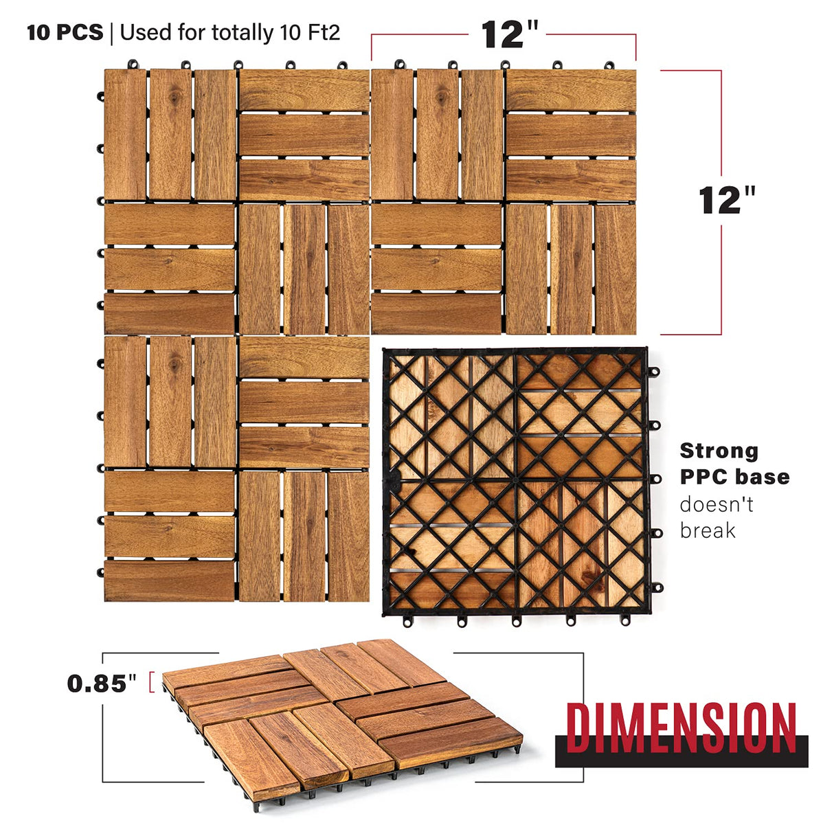 Solid Wood Interlocking Flooring Tiles (Pack of 10, 12" x 12"). Solid Wood Acacia Deck Tiles Interlocking Outdoor, Patio Tiles Outdoor Interlocking Waterproof All Weather 12" x 12" RAKYTO
