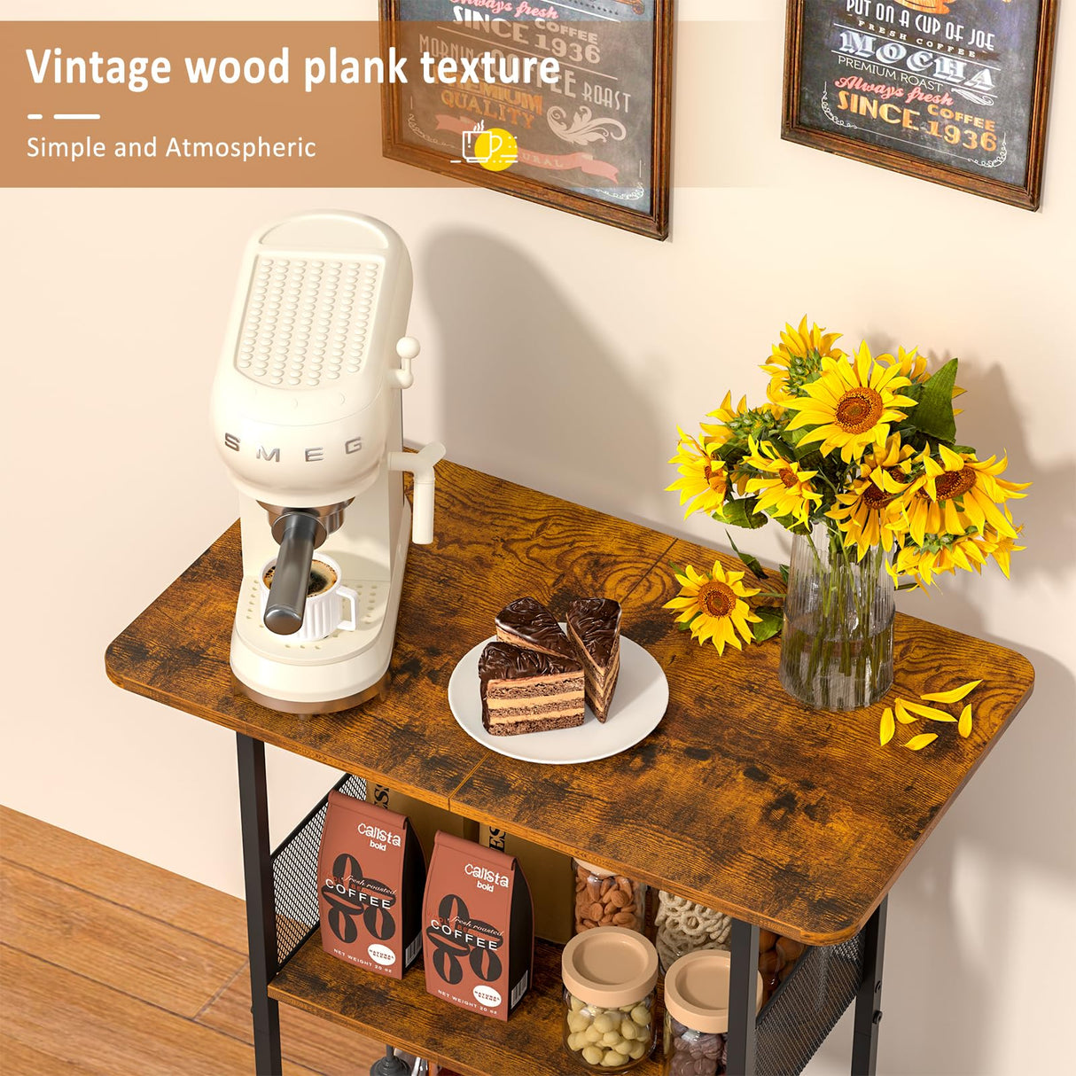 Jsskeeim Mini Floor Standing Coffee Bar Shelf,3-Tier Small Coffee Table,Corner Farmhouse Coffee Bar Cabinet;Dining Room, Living Room-Capsules,Coffee Maker(Brown+Black) Jsskeeim