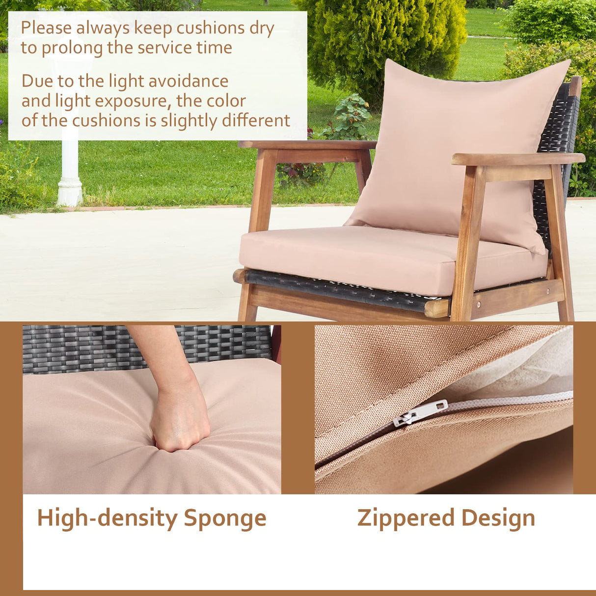 Tangkula 4-Piece Patio Furniture Set, Outdoor Acacia Wood Conversation Set with Cushions and Coffee Table, Outdoor PE Wicker Sectional Sofa Set for Garden, Poolside and Backyard (1, Beige) Tangkula