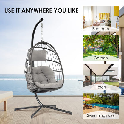 Egg Swing Chair with Stand Hanging Egg Chair Outdoor - Rattan Wicker Patio Hanging Basket Chair Hammock Chair with Aluminum Steel Frame and UV Resistant Cushion for Indoor Bedroom Balcony (Gr - WoodArtSupply