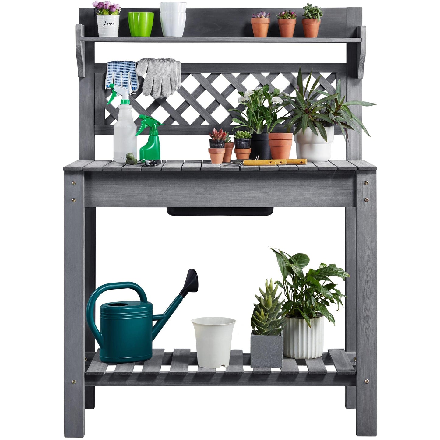 Topeakmart Potting Table Wood Workstation Table w/Sliding Tabletop w/Removable Dry Sink Storage Shelves Outdoor Garden Work Benches Station Planter Bench for Backyard Patio Gray - WoodArtSupply