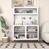 VIYET Kitchen Bakers Rack with Flip Door Cabinet, Metal Microwave Stand with Storage Cabinet and Metal Pegboard Panels for Kitchen, Pantry, Home(White) VIYET