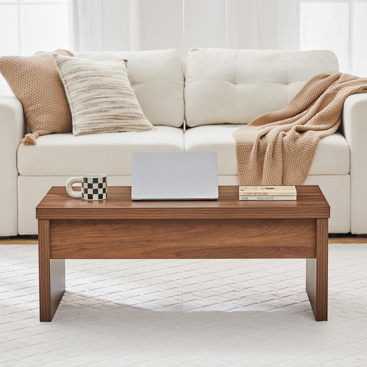 Small Lift Top Coffee Table, Wood Rectangle Coffee Table with Lifting Top and Hidden Storage Compartment, Mid Century Modern Center Tables for Small Space, Living Room, Office (Walnut) QHITTY
