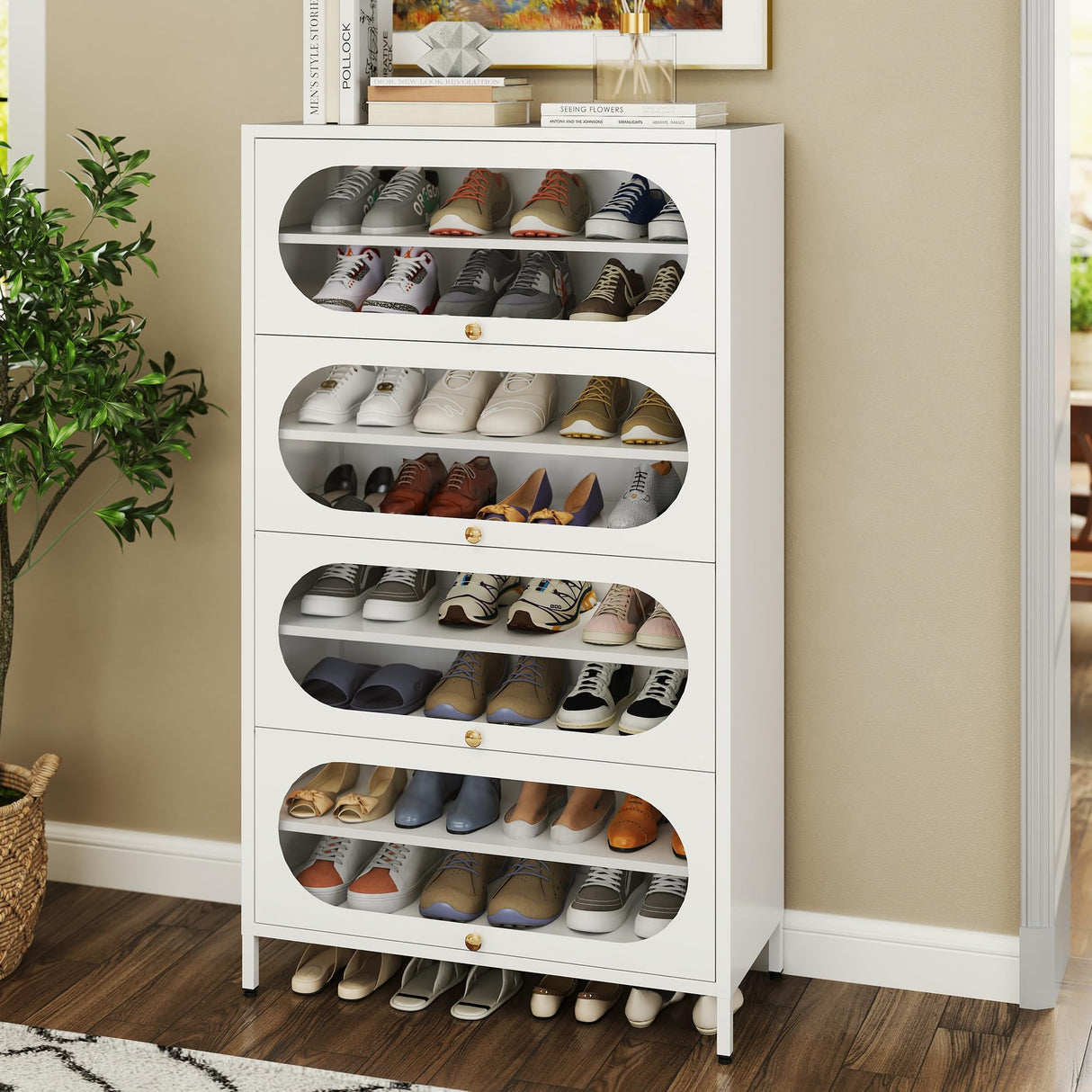Foreate 8-Tier Tall Shoe Storage Cabinet with 4 Flip-Up Doors & Removable Shelves, 54” Metal Cabinet Shoe Rack Organizer for 24-32 Pair Shoes, Tall Freestanding Modern Entryway Shoe Cabinet-Glass Door Foreate