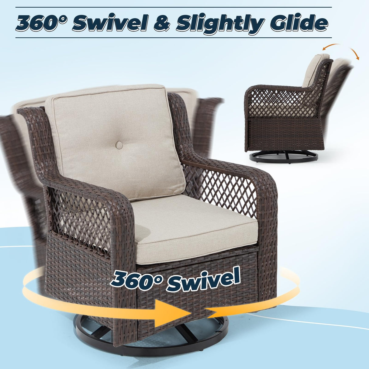 Suvivityse 3 Pieces Outdoor Swivel Chair, Wicker Patio Bistro Set with Rocking Chair, Side Table for Garden Porch Backyard(Beige) Suvivityse