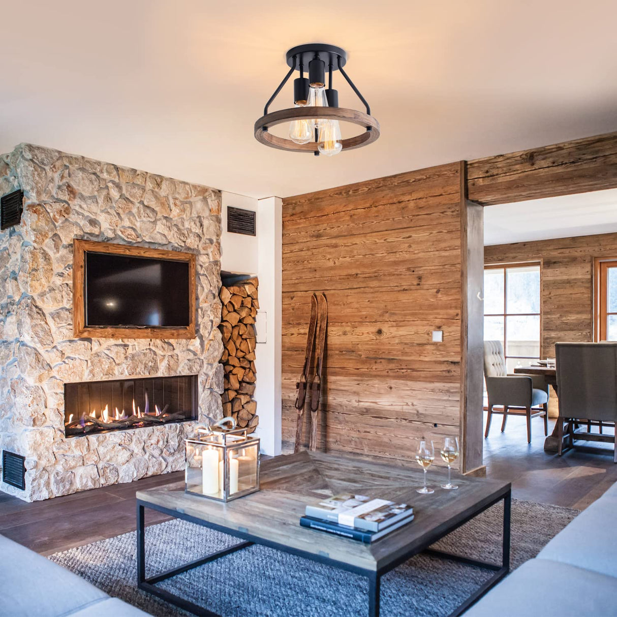 VILUXY Industrial Flush Mount Ceiling Light Fixture with Retro Wood Circle Shade for Hallway, Entryway, Bedroom, Balcony Passway 3-Light VILUXY