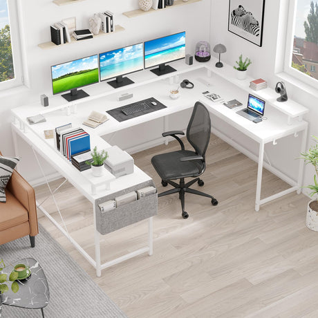 GarveeHome U Shaped Desk with Power Outlets & LED Lights, 79 in Reversible L Shaped Desk, Corner Computer Desk Office Desk with Full Monitor Stand, White GarveeHome